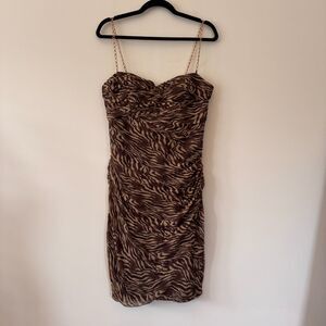 Niteline Brown & Tan Zebra Print Ruched Midi Dress Gold Chain Straps Size 12